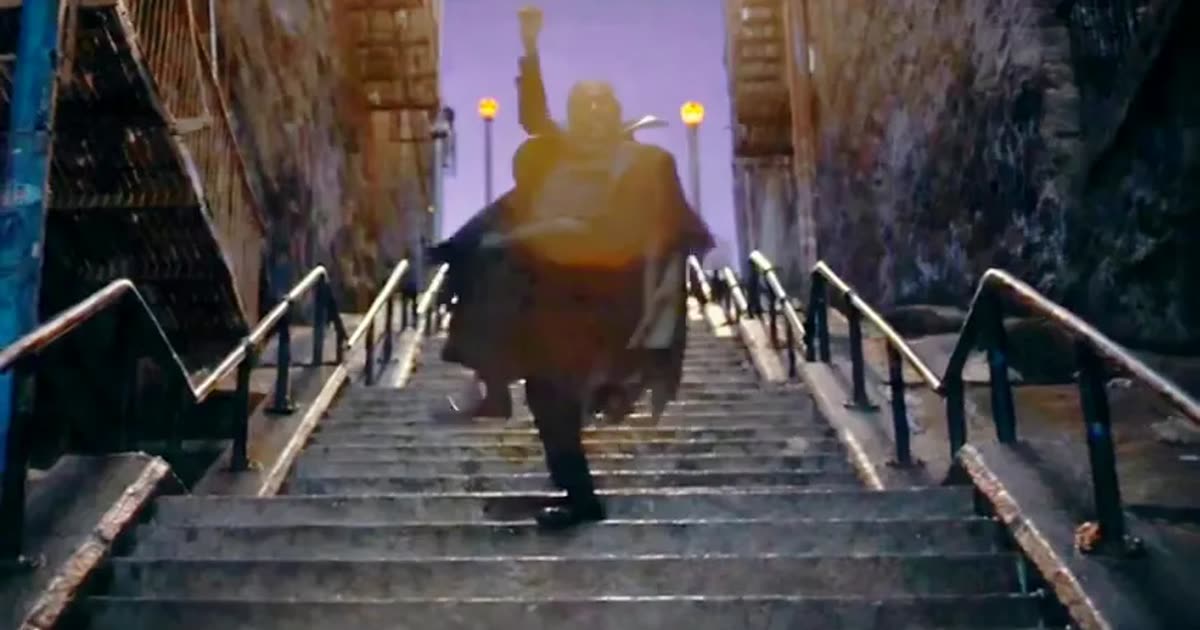 Joker Halloween AI showcase: Joker-style stairs dance down a long cold-blue city staircase in a black cape