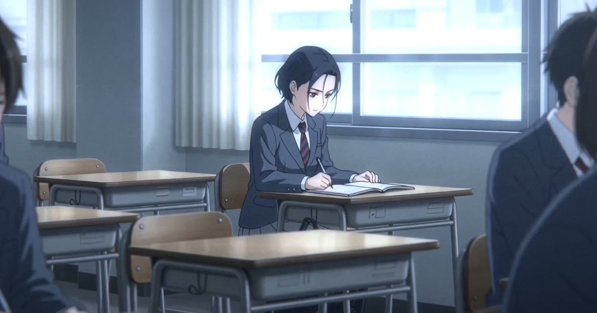 Kawaki wo Ameku AI MV example: anime heroine in a rainy classroom opening scene