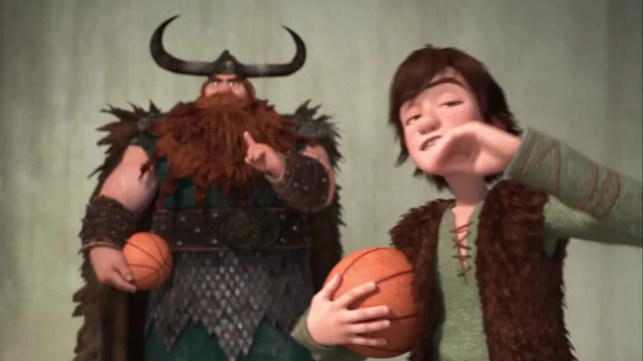 Close shot of both characters with basketballs