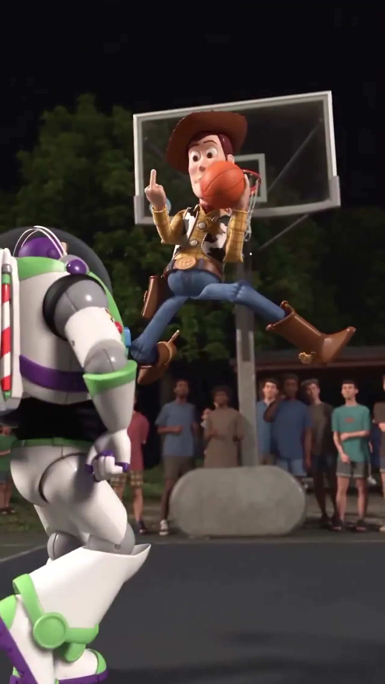 Woody takes off over Buzz and raises a finger