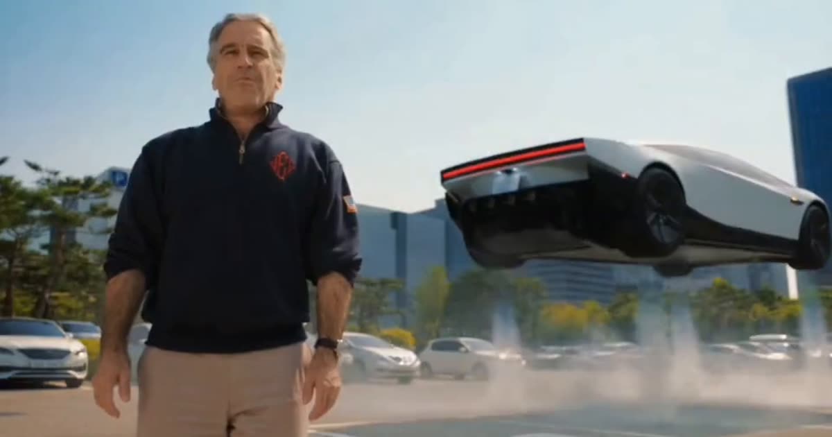 Tesla Roadster AI video character swap: a driver in a white flying car above city traffic