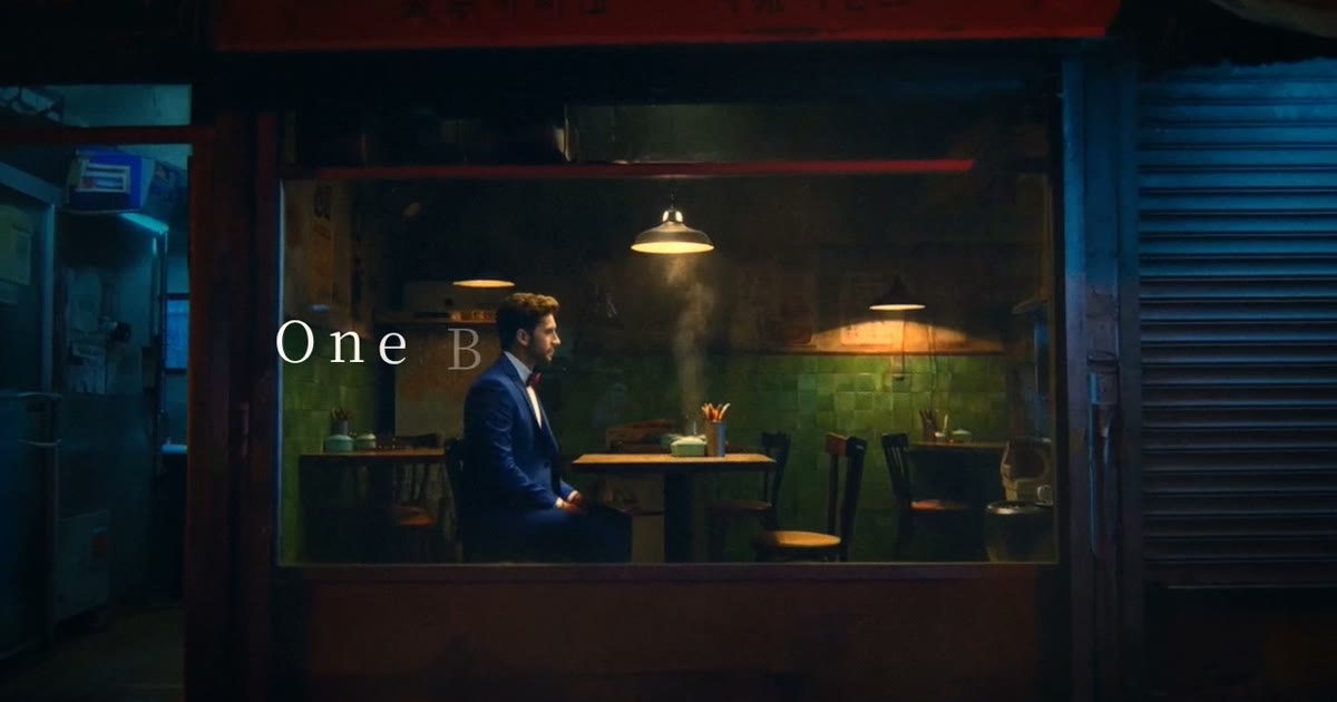 Wangqing Beef Noodle AI MV example: a lead at a late-night noodle shop with steam and neon