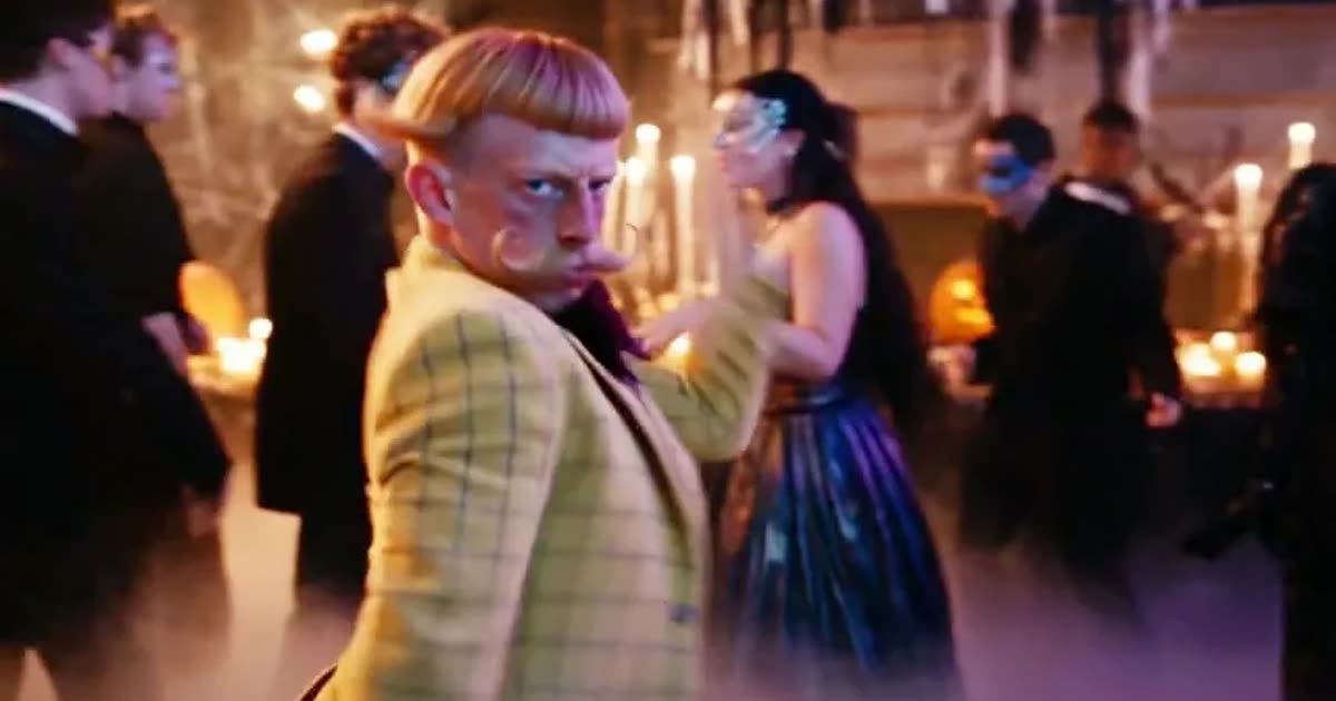 Wednesday Halloween AI showcase: Wednesday-style ballroom solo at a misty candlelit masquerade in a yellow plaid suit
