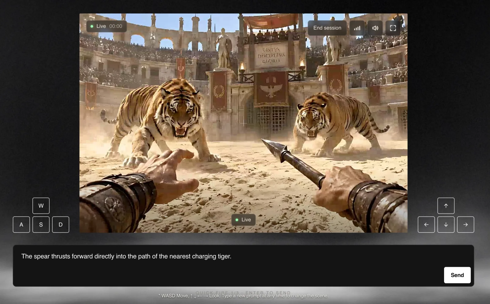 Helix World demo interface: a first-person arena scene with WASD and arrow-key controls and a prompt box
