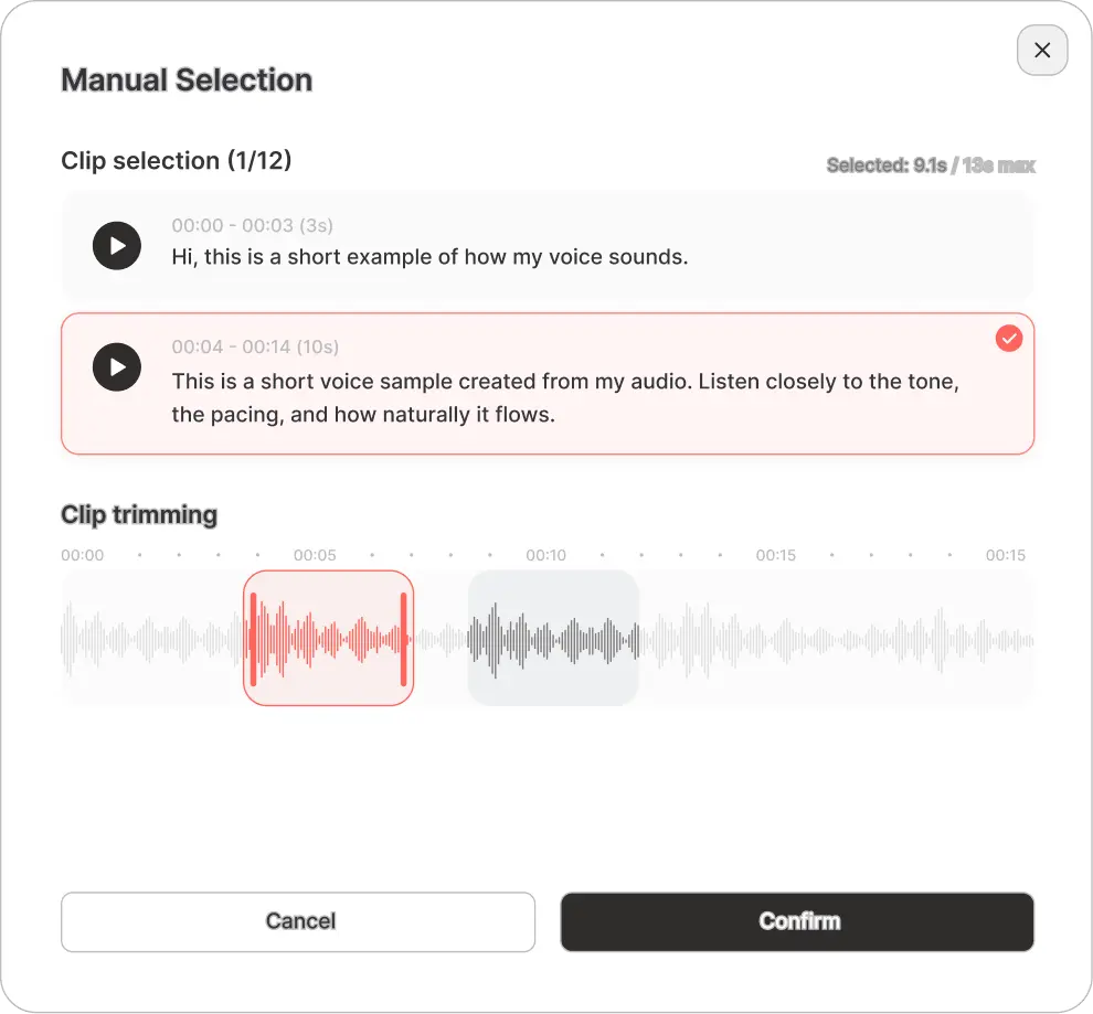 Manual selection clip trimming interface